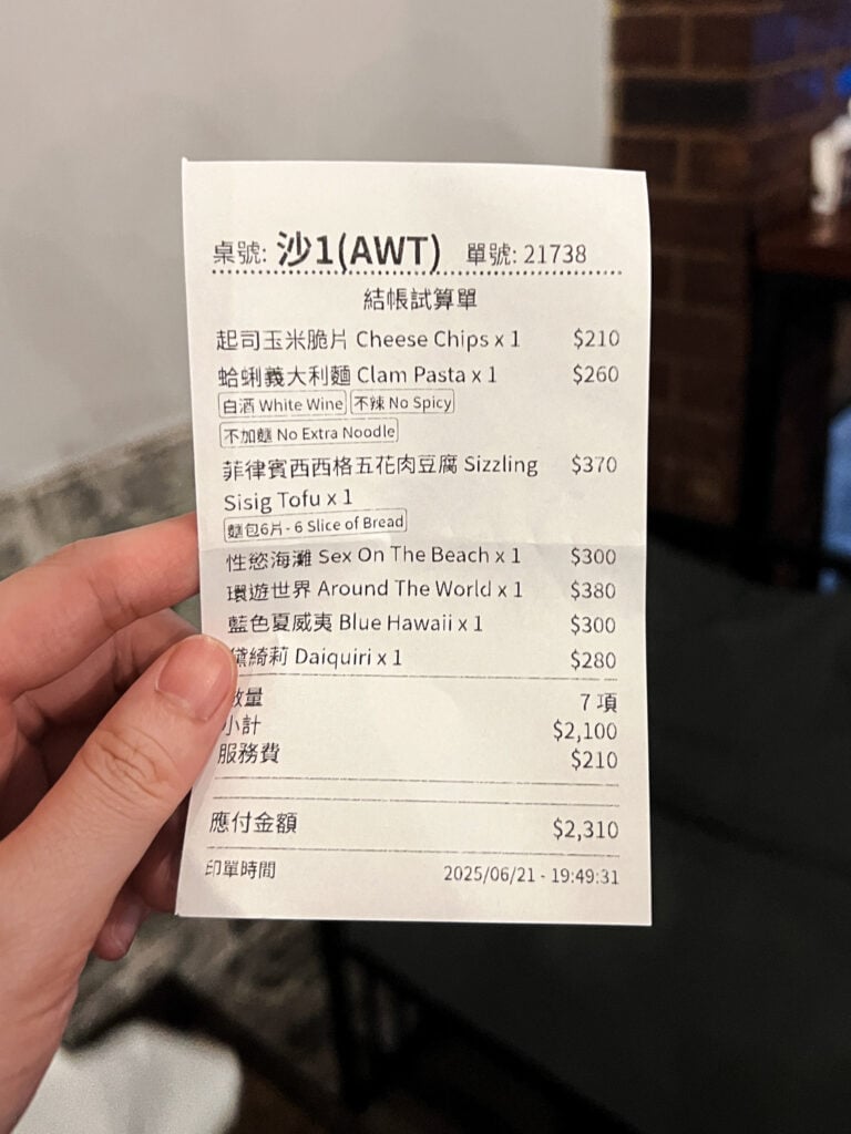AWT Bistro下班後餐酒館 當日用餐帳單