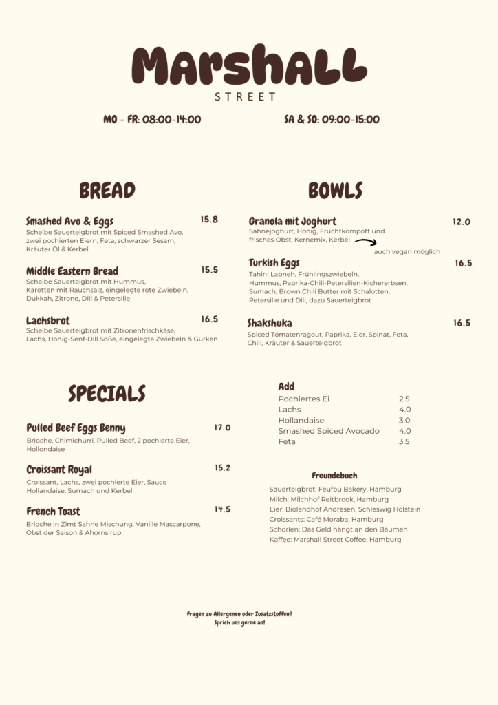 德國漢堡 Marshall Street Coffee 菜單
